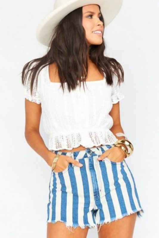 WHITE AND BLUE STRIPED DISTRESSED SHORTS