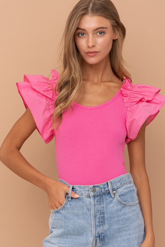 Shoulder Puff Ruffle Bodysuit