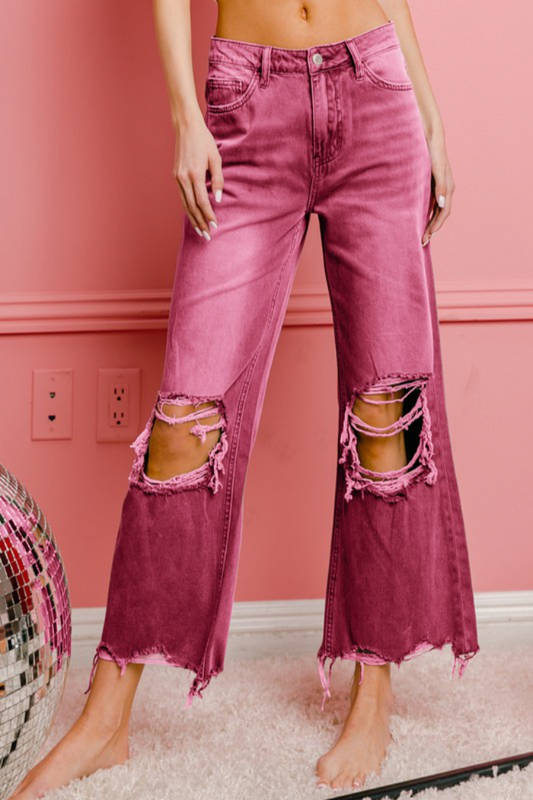 DISTRESSED VINTAGE WASHED WIDE LEG PANTS