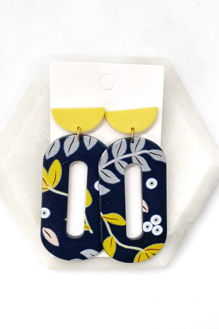 YELLOW NAVY FLORAL LOOP ACRYLIC EARRINGS