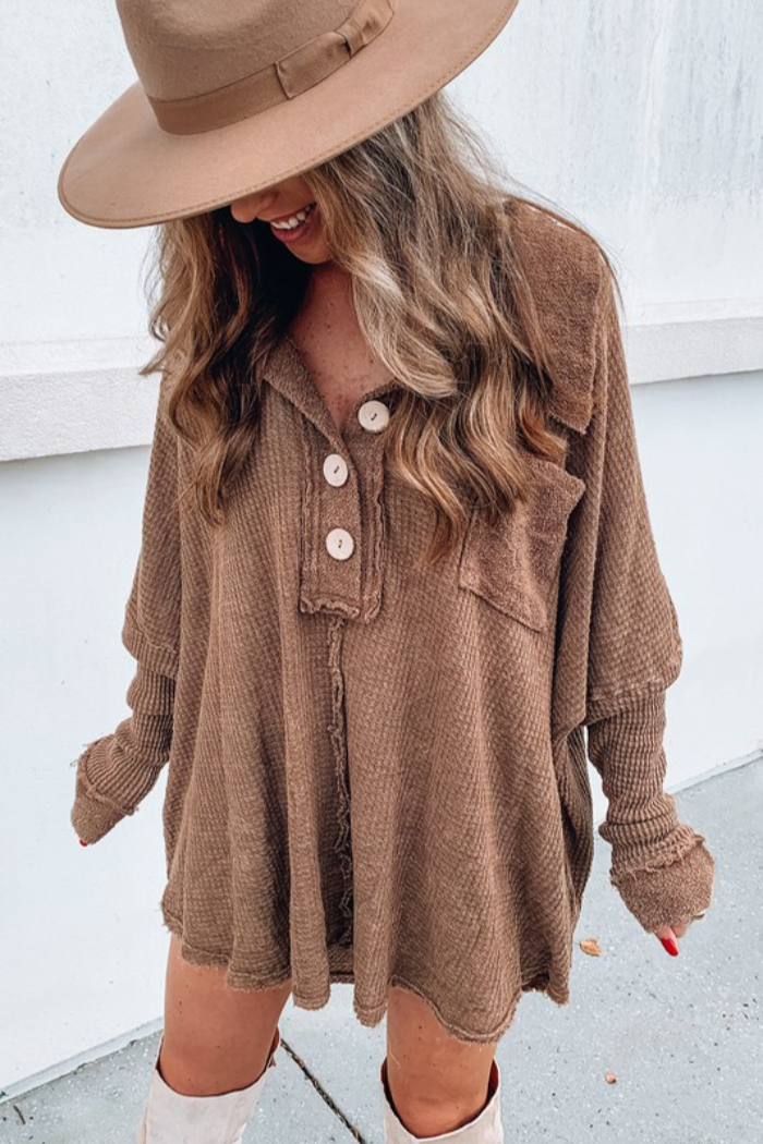 BROWN MINERAL DYED VINTAGE WAFFLE TUNIC TOP