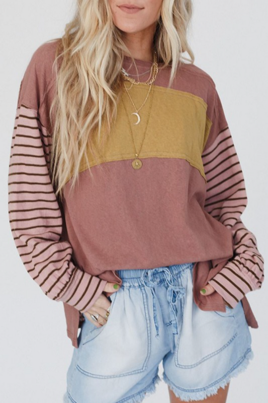 YELLOW COLORBLOCK STRIPED BOHO LONG SLEEVE TOP