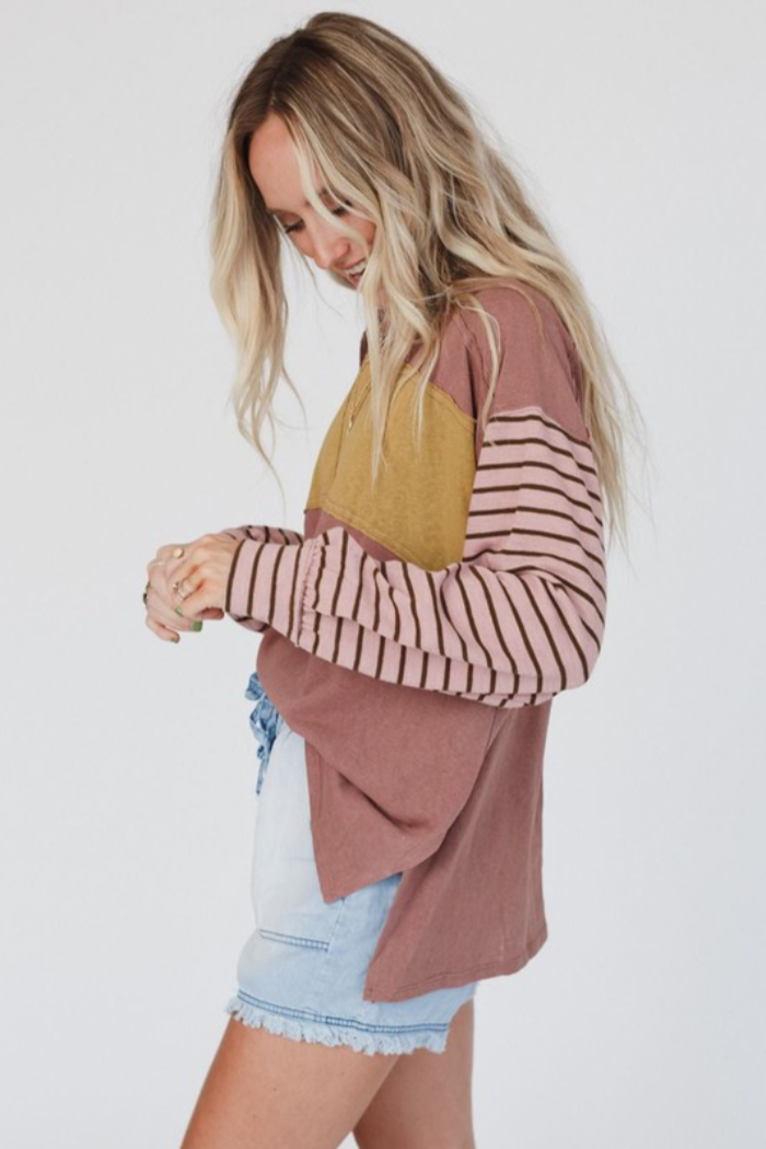 YELLOW COLORBLOCK STRIPED BOHO LONG SLEEVE TOP