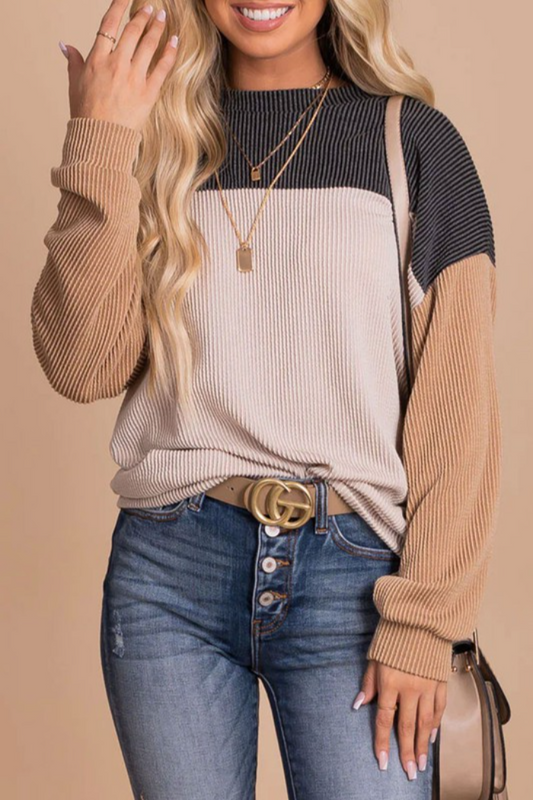 Color Block Long Sleeve Cording Loose Top