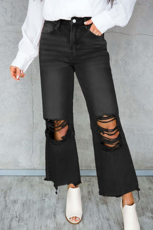 TRENDING BLACK DISTRESSED HIGH WAISTED CROPPED FLARE JEANS