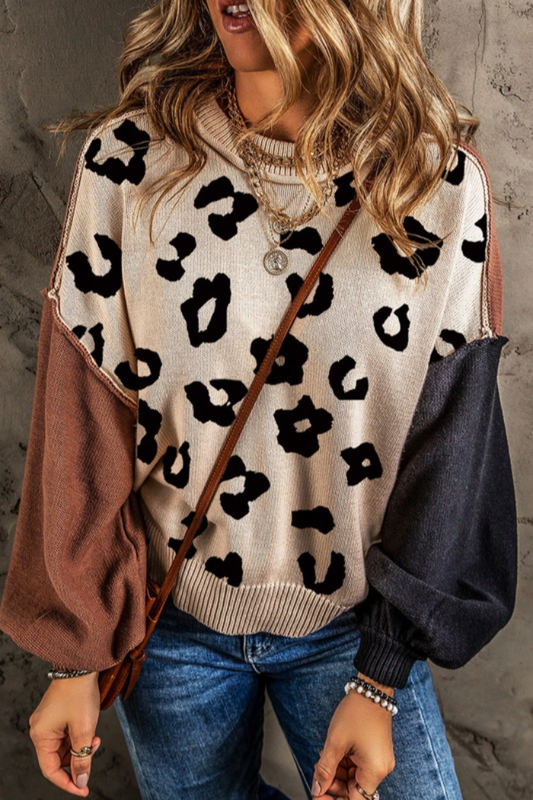 COFFEE LEOPARD PRINT COLORBLOCK PULLOVER SWEATER