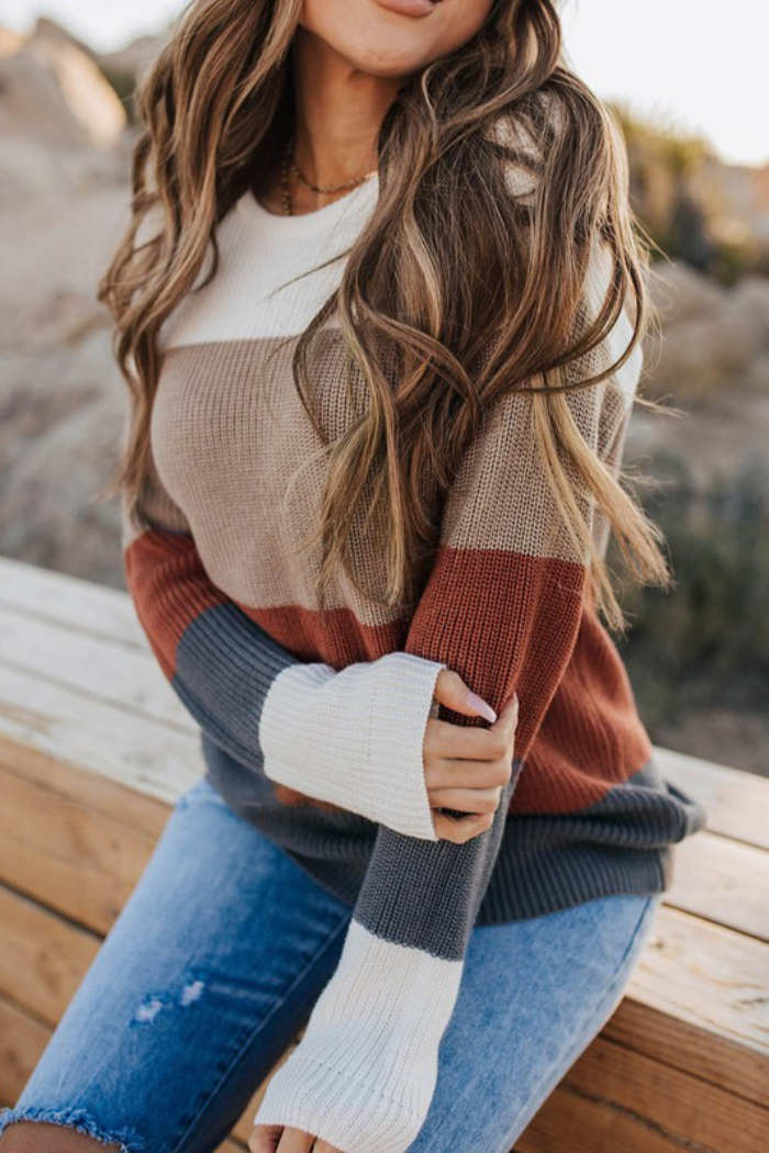 COLOR BLOCK KNITTED O-NECK PULLOVER SWEATER