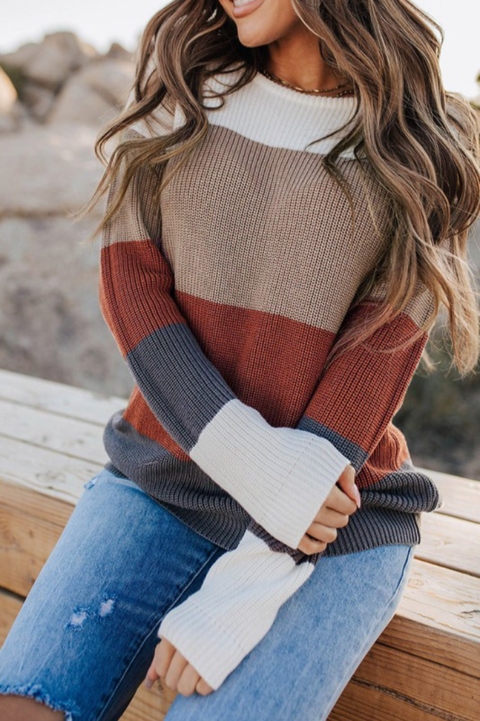 COLOR BLOCK KNITTED O-NECK PULLOVER SWEATER