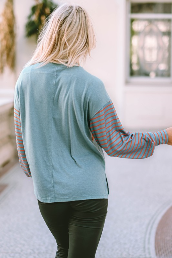 ORANGE COLOR BLOCK STRIPED SLEEVE TOP