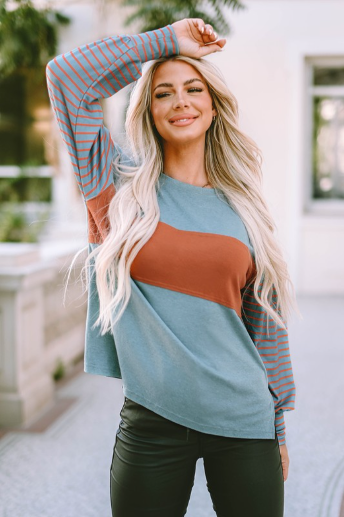 ORANGE COLOR BLOCK STRIPED SLEEVE TOP