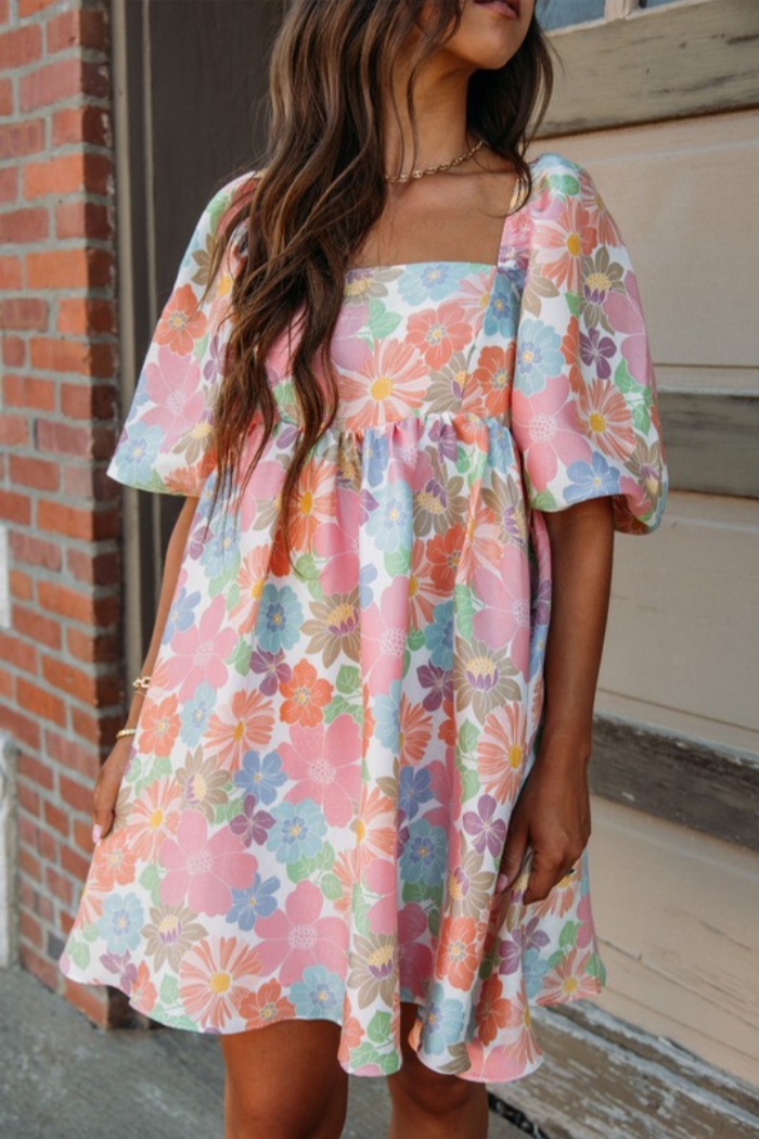 FLORAL SQUARE NECK PUFF SLEEVE BABYDOLL DRESS