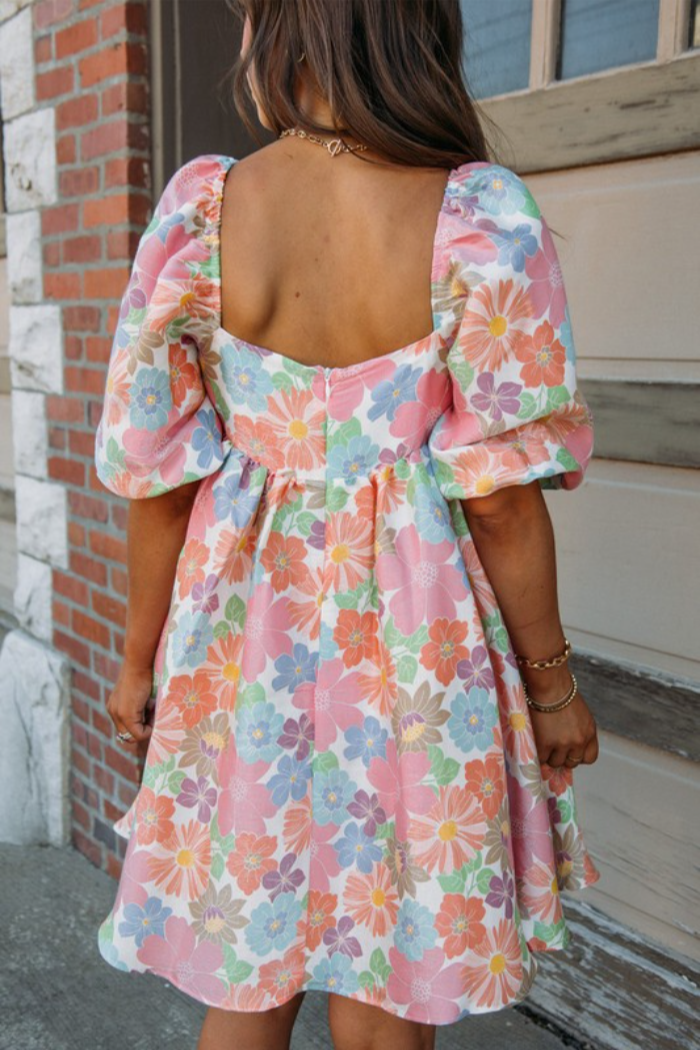 FLORAL SQUARE NECK PUFF SLEEVE BABYDOLL DRESS