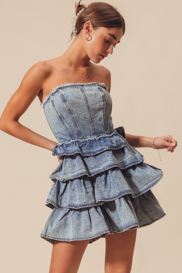 Strapless Ruffle Layered Denim Dress