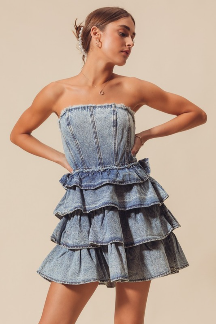 Strapless Ruffle Layered Denim Dress