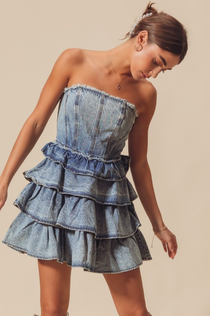 Strapless Ruffle Layered Denim Dress