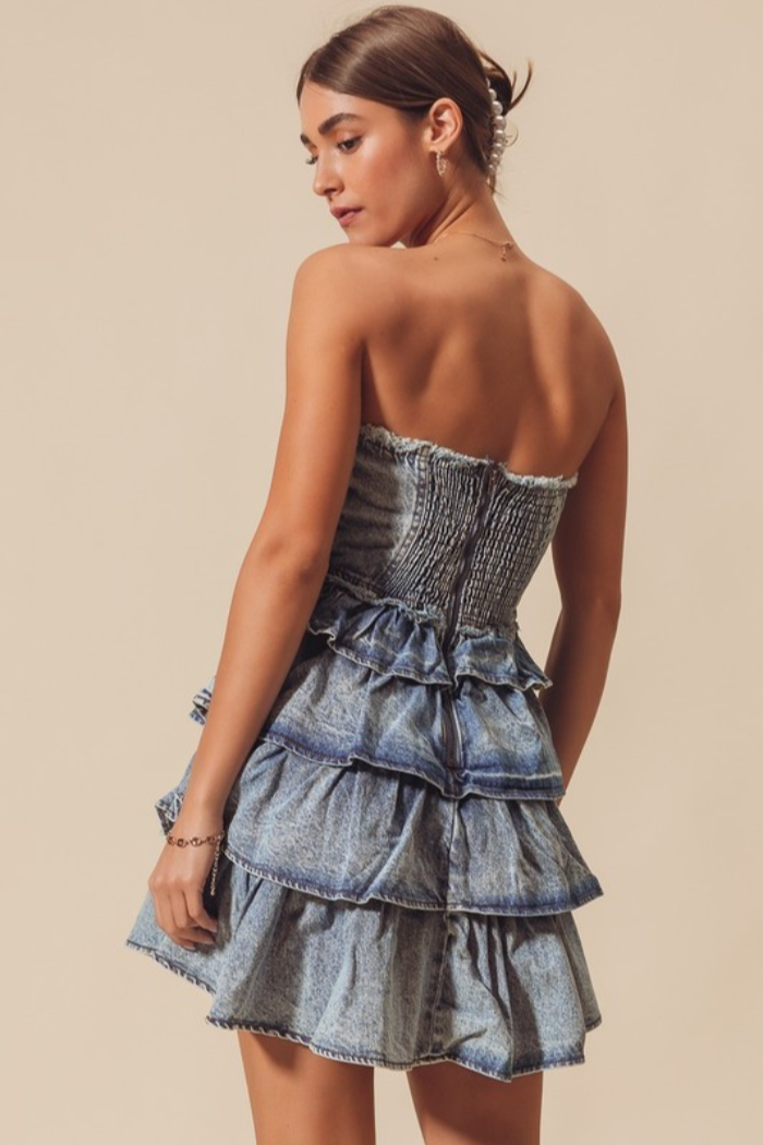 Strapless Ruffle Layered Denim Dress