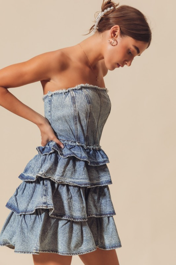 Strapless Ruffle Layered Denim Dress