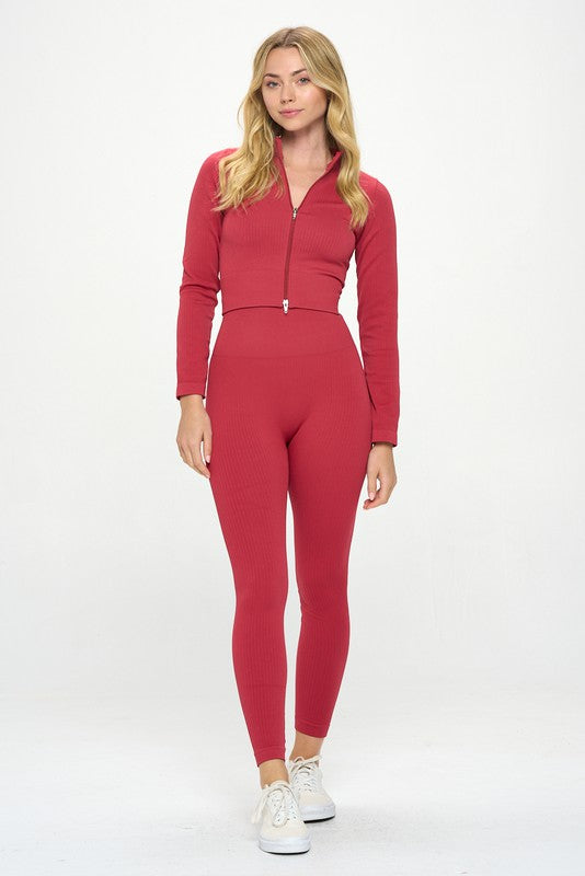 Ribbed Seamless Long Sleeve Zip Jacket and legging set