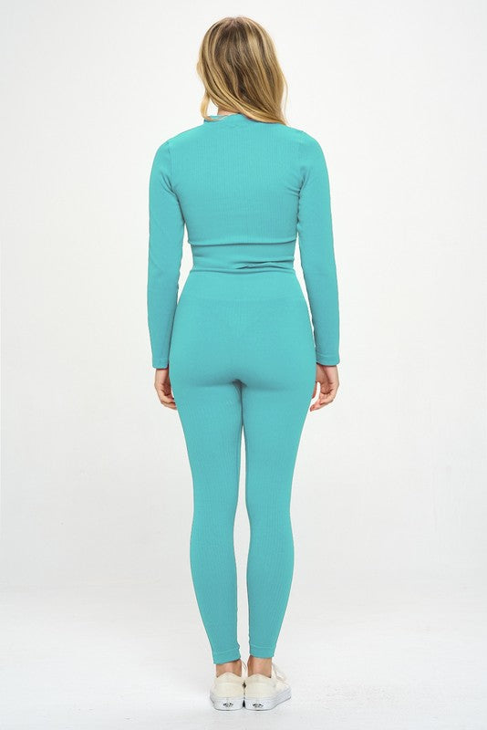 Ribbed Seamless Long Sleeve Zip Jacket and legging set