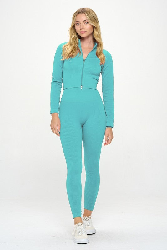 Ribbed Seamless Long Sleeve Zip Jacket and legging set