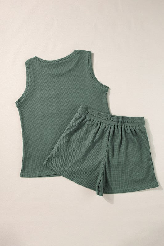 Knit Patched Pocket Tank and Drawstring Shorts Set